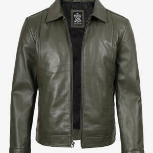 Men’s Olive Green Leather Jacket – Classic Shirt Collar Genuine Leather Outerwear