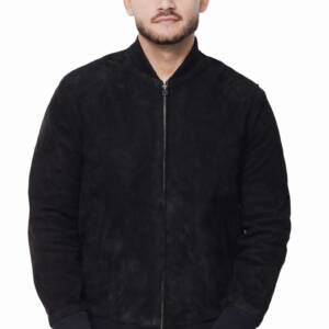 Men’s Black Suede Bomber Jacket – Classic Slim Fit with Ribbed Cuffs