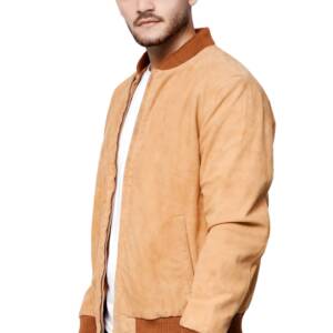 Men’s Tan Suede Bomber Jacket – Classic Slim Fit with Ribbed Hem and Cuffs