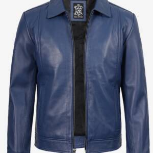 Men’s Blue Leather Jacket – Classic Shirt Collar Genuine Leather Outerwear